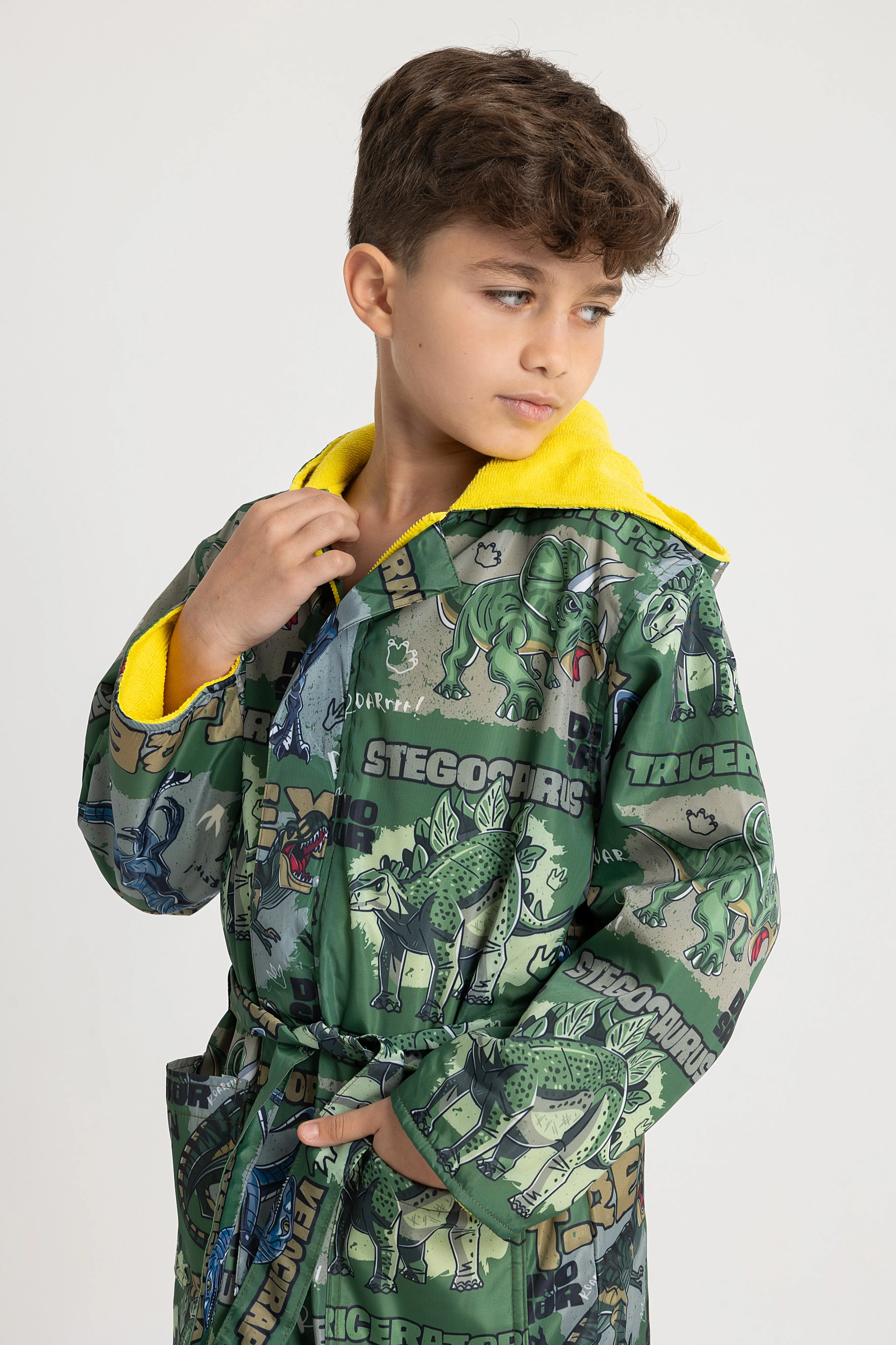 Jungen wasserdichter Bademantel – Grünes T-Rex Dinosaurier-Design