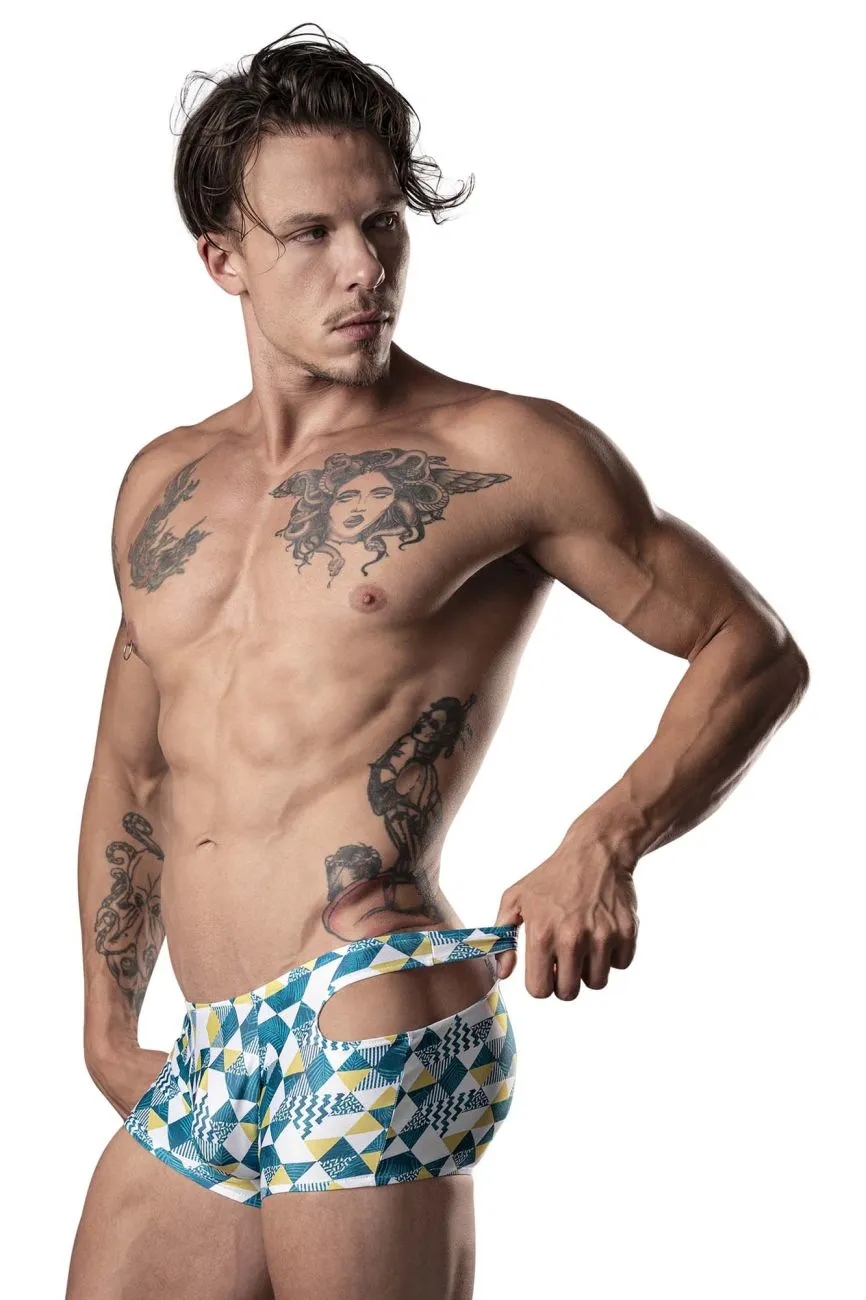 Bekleidung_Herren Power_Herrenunterwäsche Male Power 141-292 Ausschnitt Ausgeschnitten Mini Short Farbe Blau-Grün-Weiß