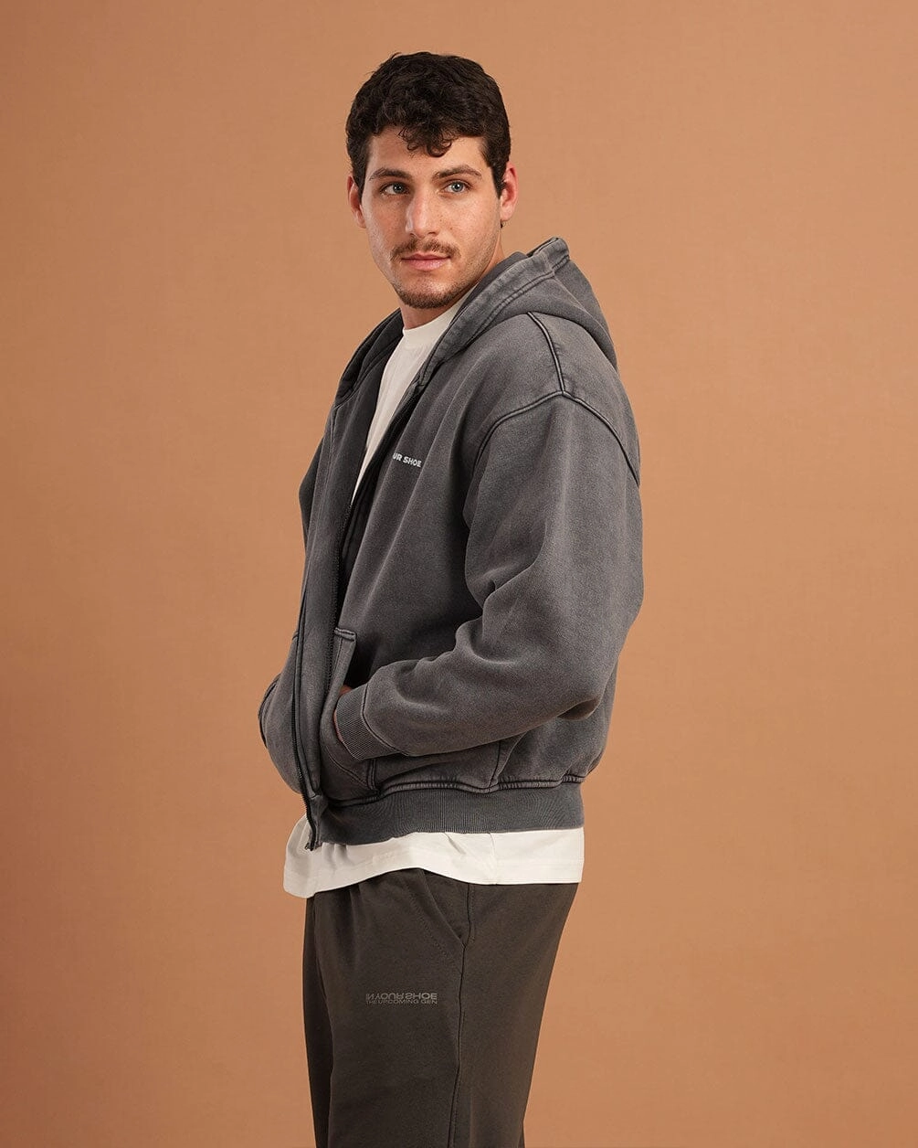 Dark Grey Washed Boxy Zip-Up Hoodie