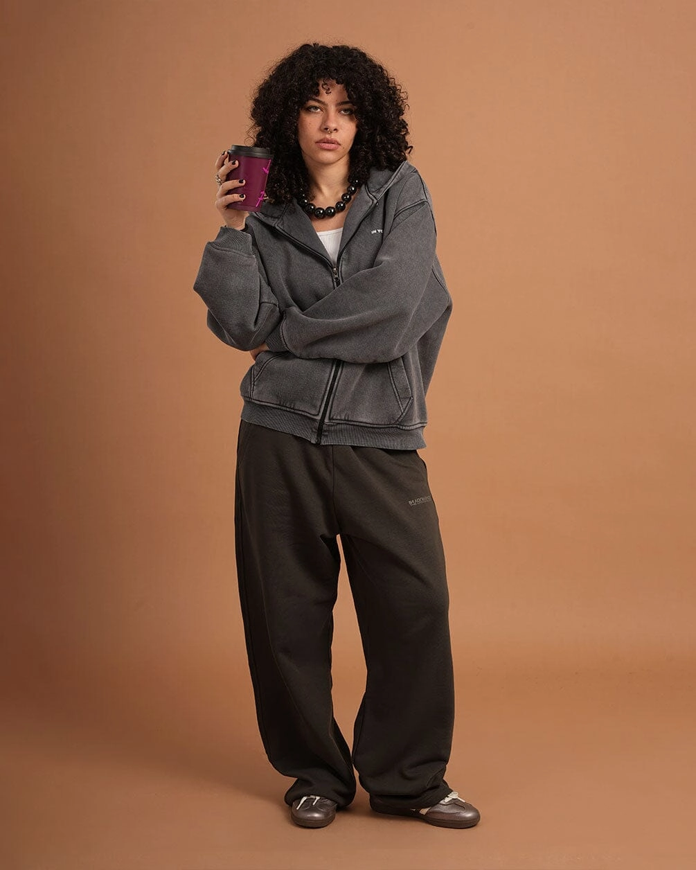 Dark Grey Washed Boxy Zip-Up Hoodie