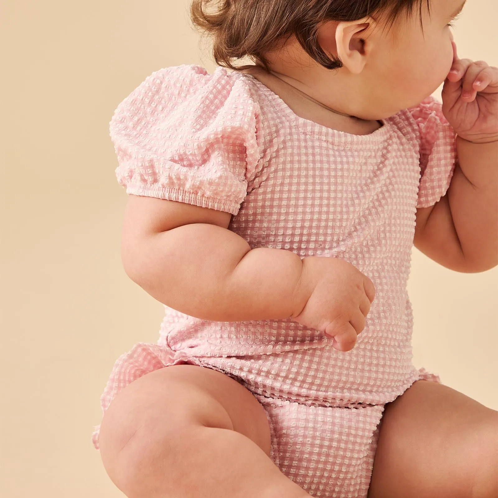 Gingham Seersucker Puff-Ärmel Badeanzug