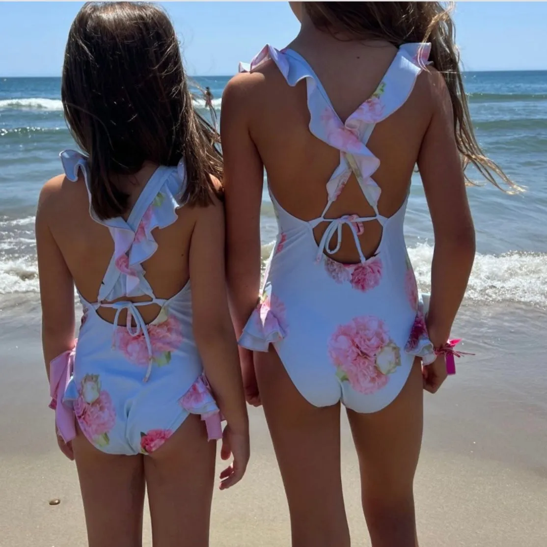 Mädchen Aqua Rose Print Badeanzug