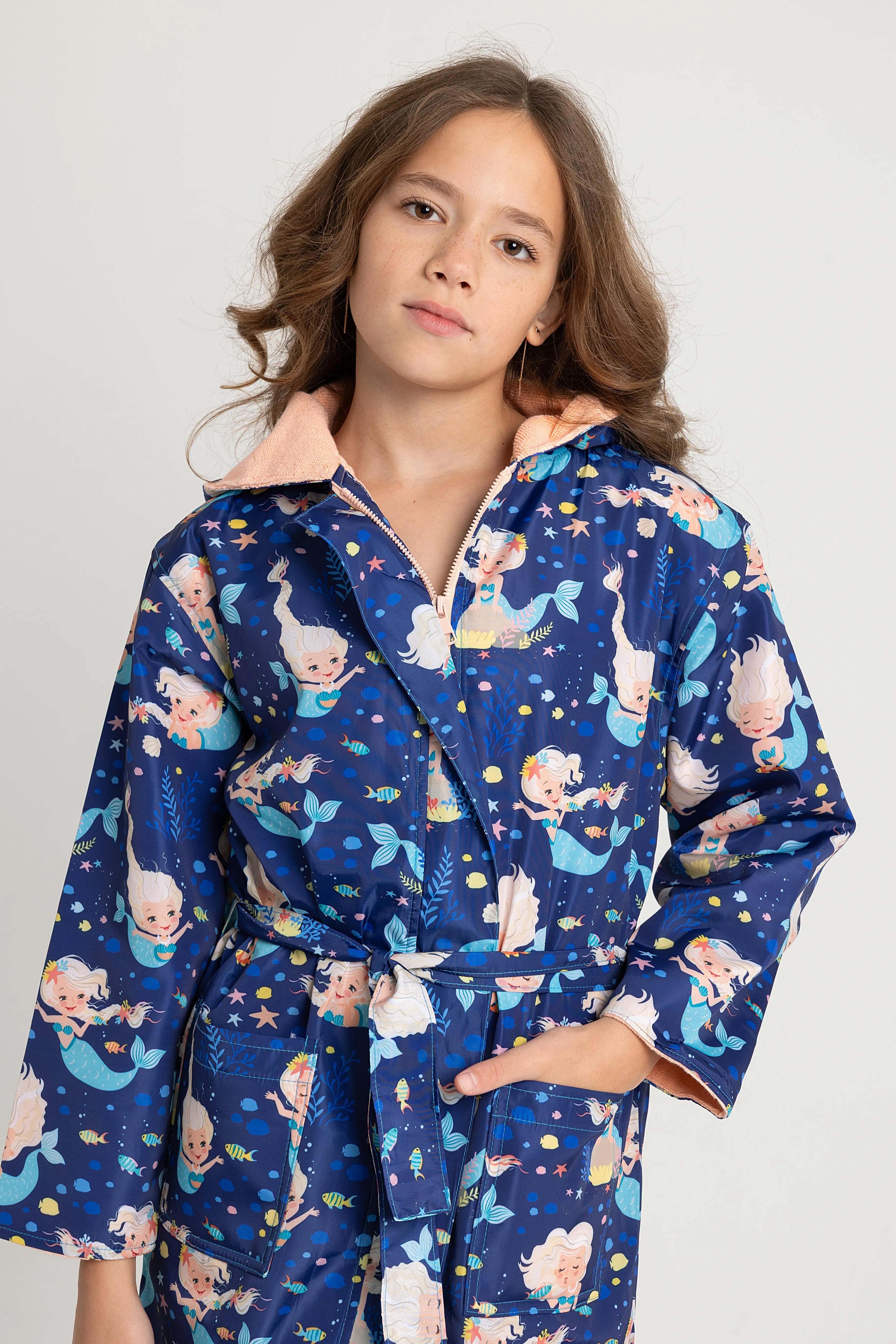 Mädchen wasserdichter Bademantel – Marineblaues Meerjungfrau-Design