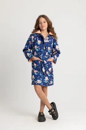 Mädchen wasserdichter Bademantel – Marineblaues Meerjungfrau-Design
