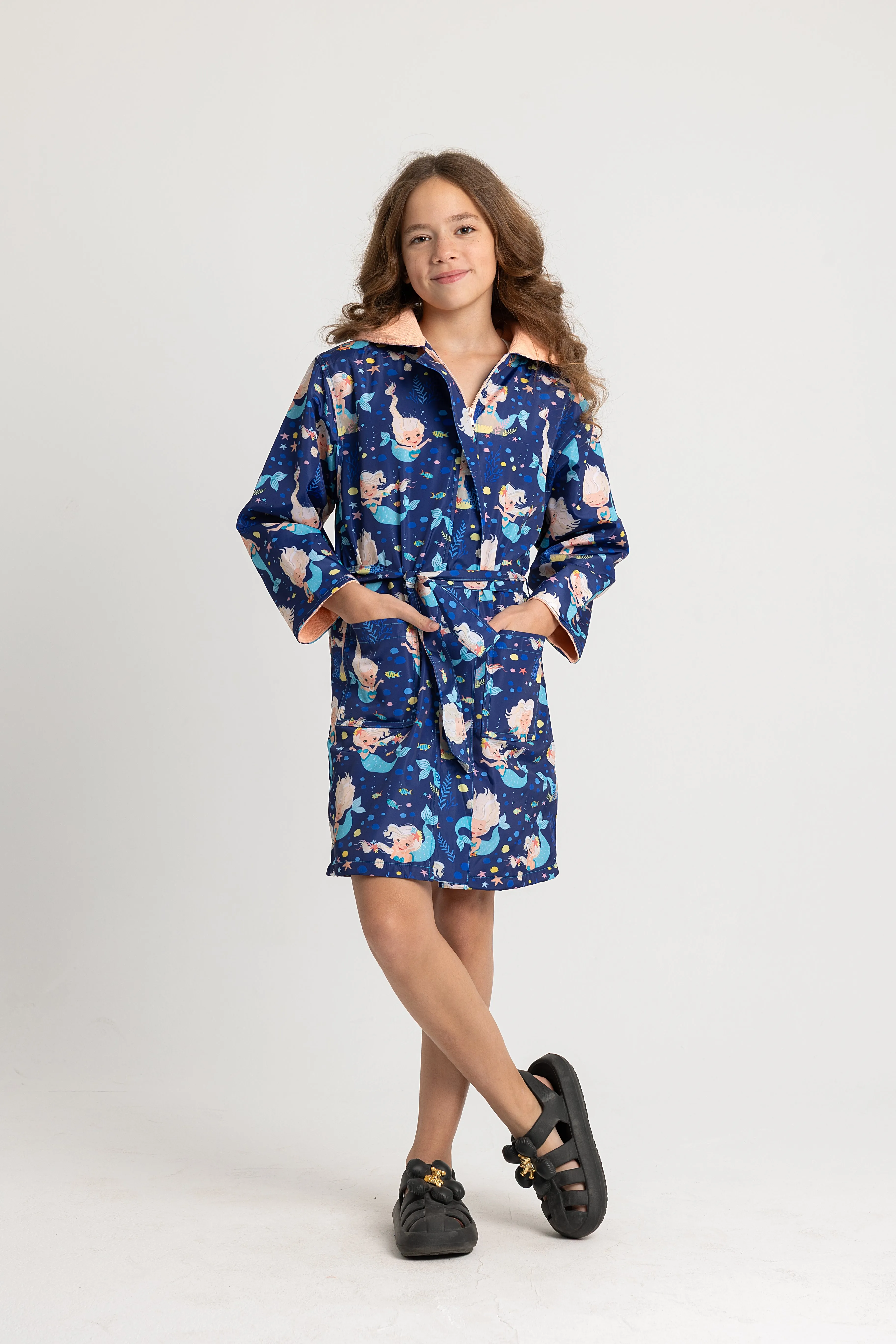 Mädchen wasserdichter Bademantel – Marineblaues Meerjungfrau-Design
