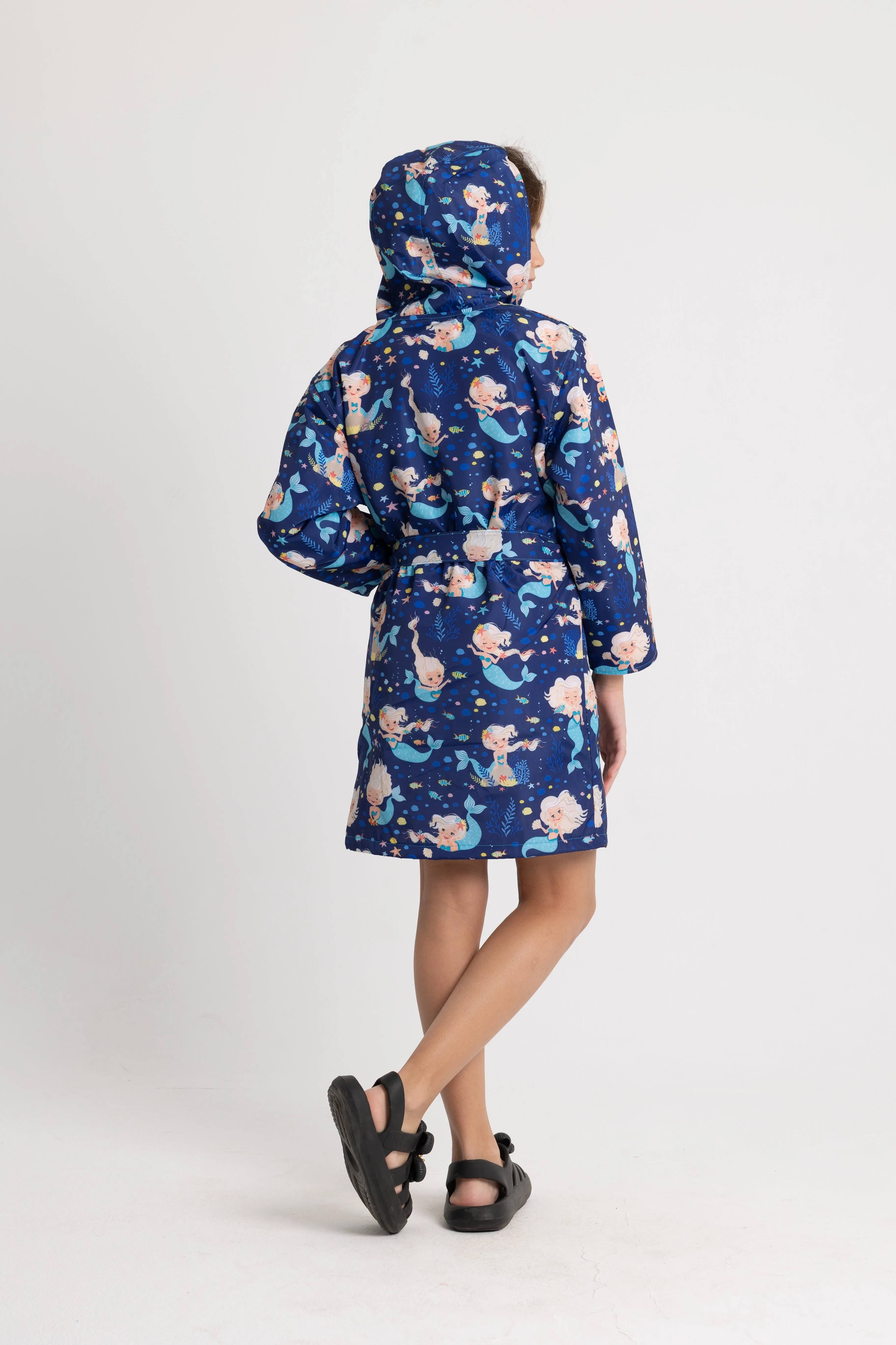 Mädchen wasserdichter Bademantel – Marineblaues Meerjungfrau-Design