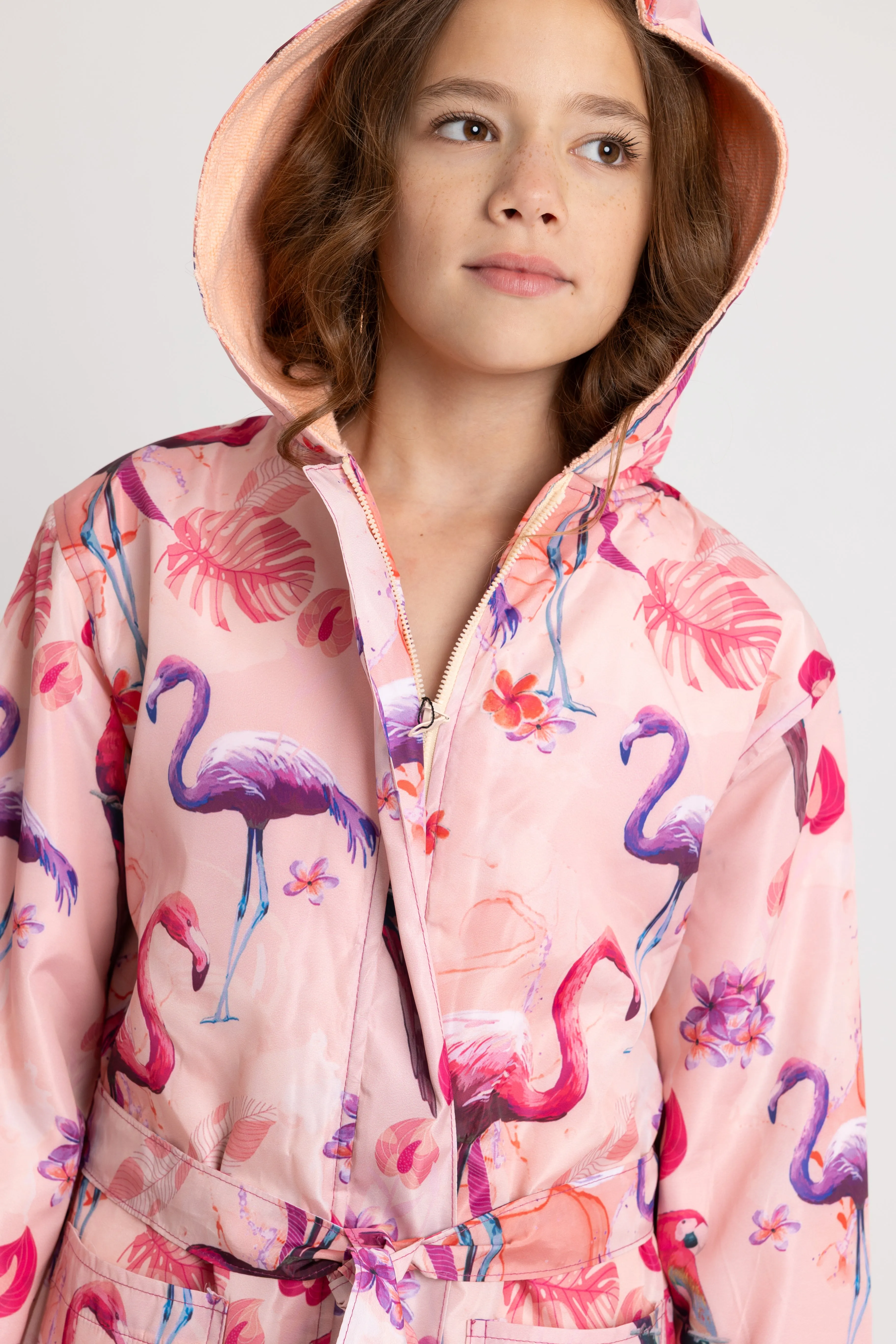 Mädchen wasserdichter Bademantel – Rosa Flamingo Design