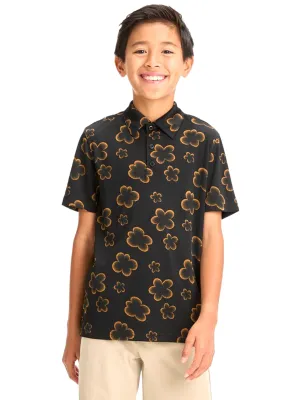 Jungen-Polohemd mit Blumenprint, Schwarz