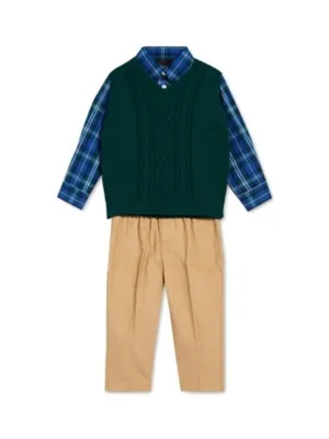 Kinder Jungen 3-teiliges Karo Oberteil & Hose mit Weste Set, Mehrfarbig