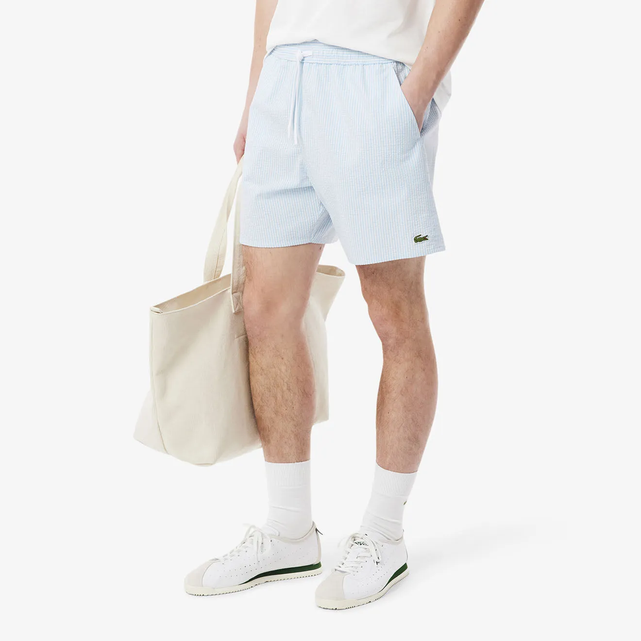 Lacoste Mid Length Striped Textured Swim Trunks Weiß/Hellblau