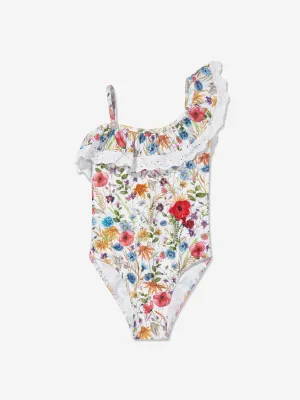 Selini Action Girls Mohnblumen-Print Badeanzug in Weiß