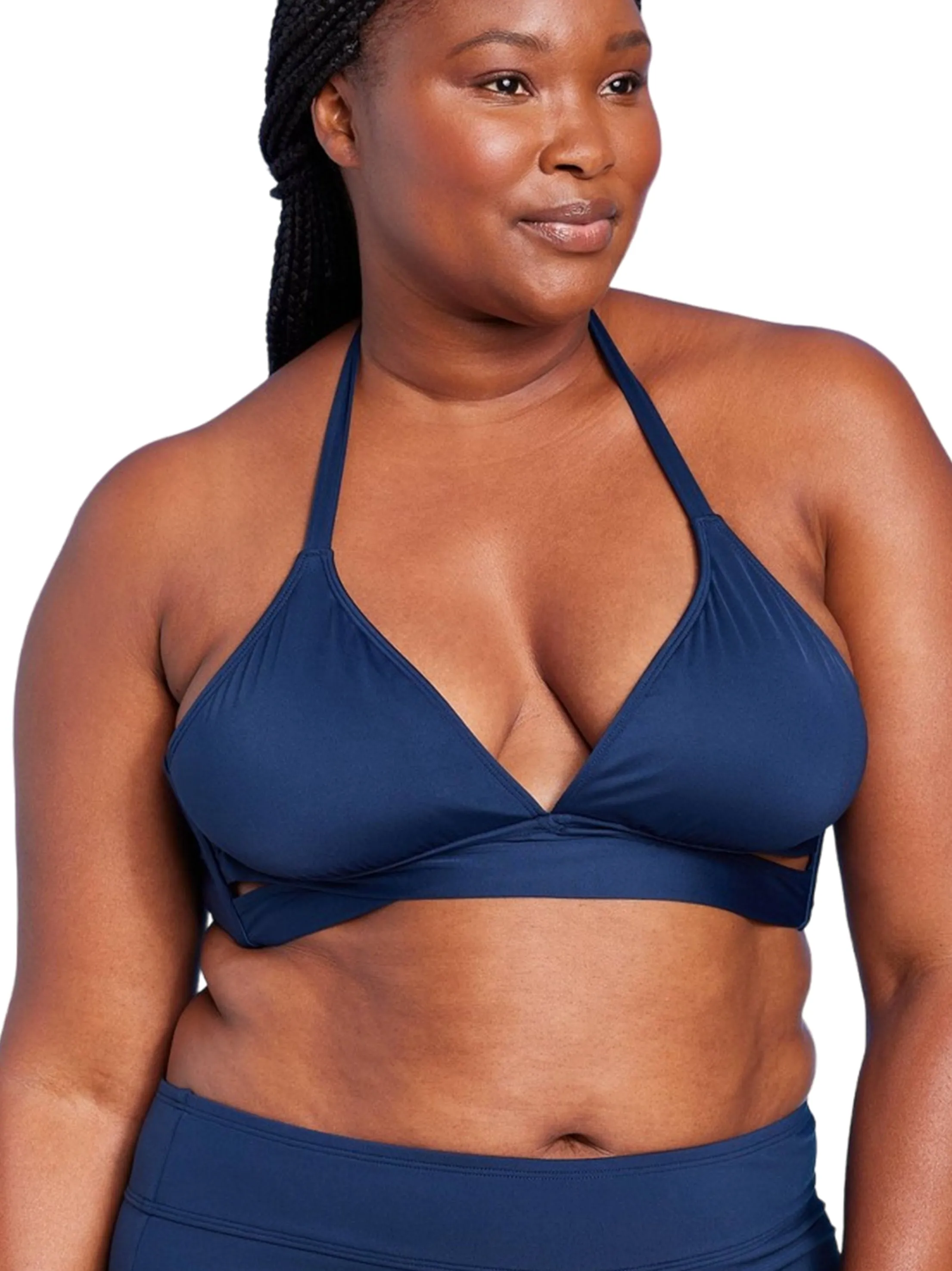 Damen Bikini-Oberteil mit faux Wickel-Verschluss und Trägerband, Marineblau