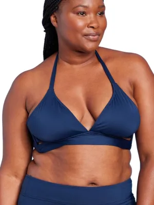 Damen Bikini-Oberteil mit faux Wickel-Verschluss und Trägerband, Marineblau