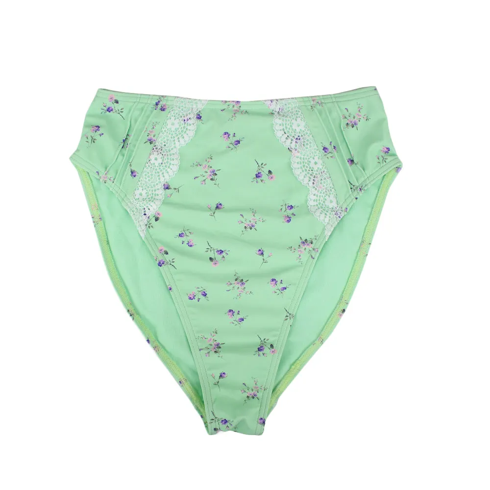 Damen-Bikiniunterteil mit Blumenmuster und hoher Taille, Hellgrün