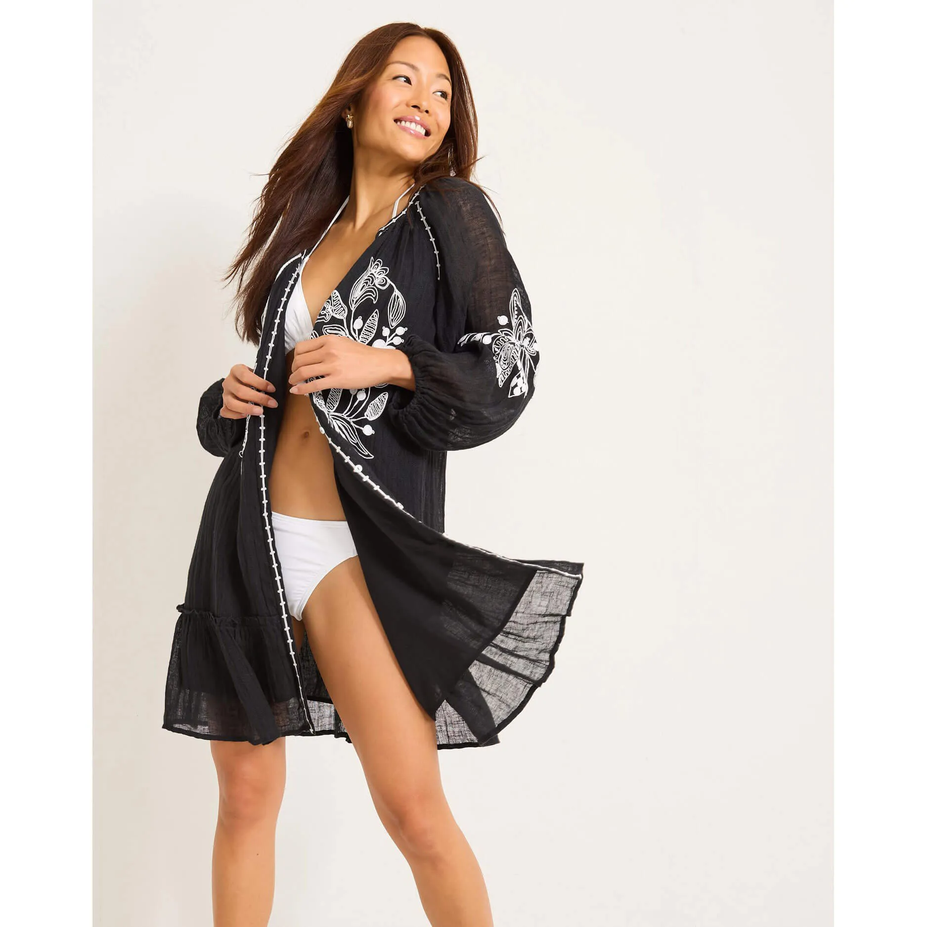 Damen Tommy Bahama Bademode Tommy Bahama Damen Leinen-Gaze Tunika Kleid Überwurf - Schwarz